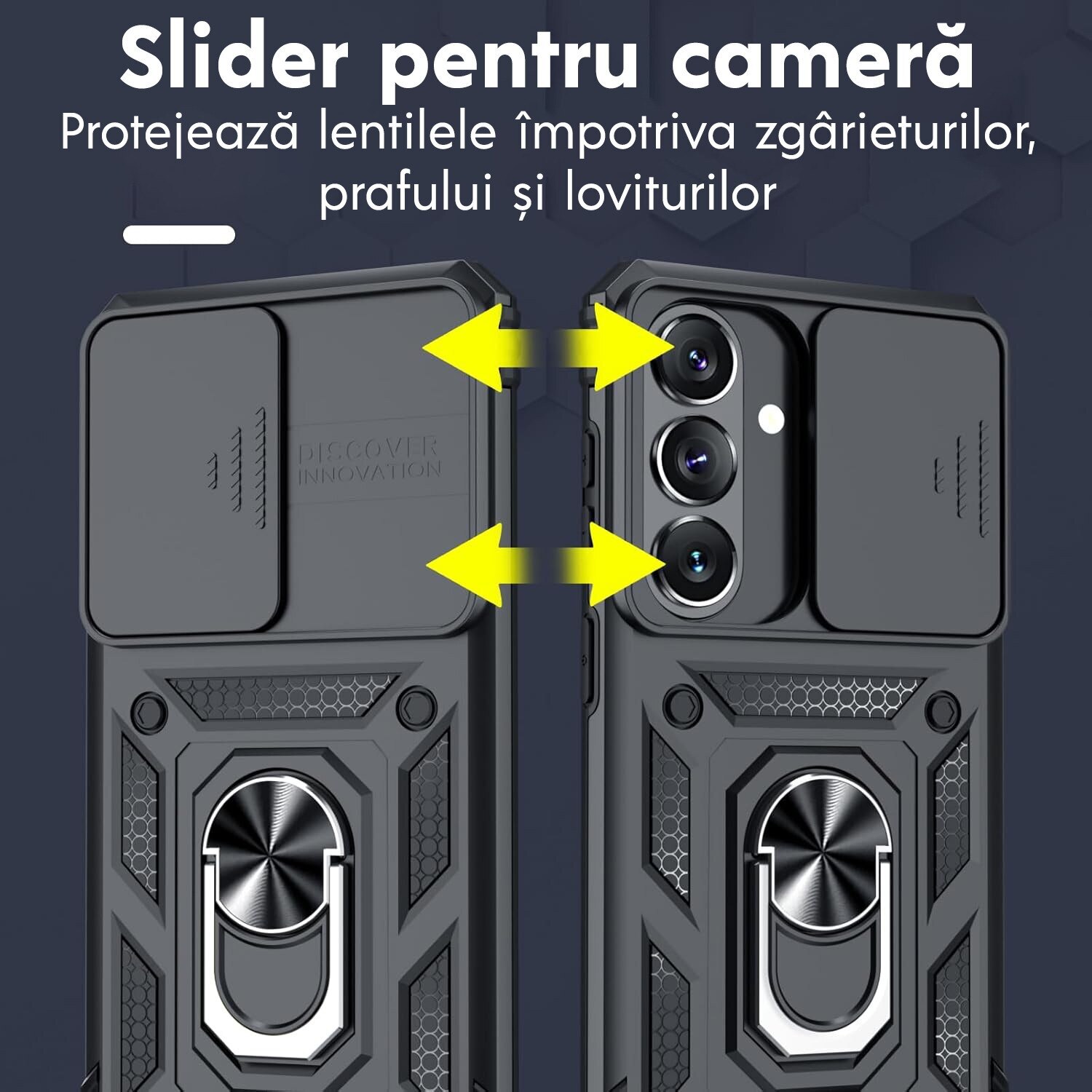 Set protecție husa și folie pentru Samsung Galaxy S26, Daden, Hybrid Antisoc, inel rotativ 360, Negru