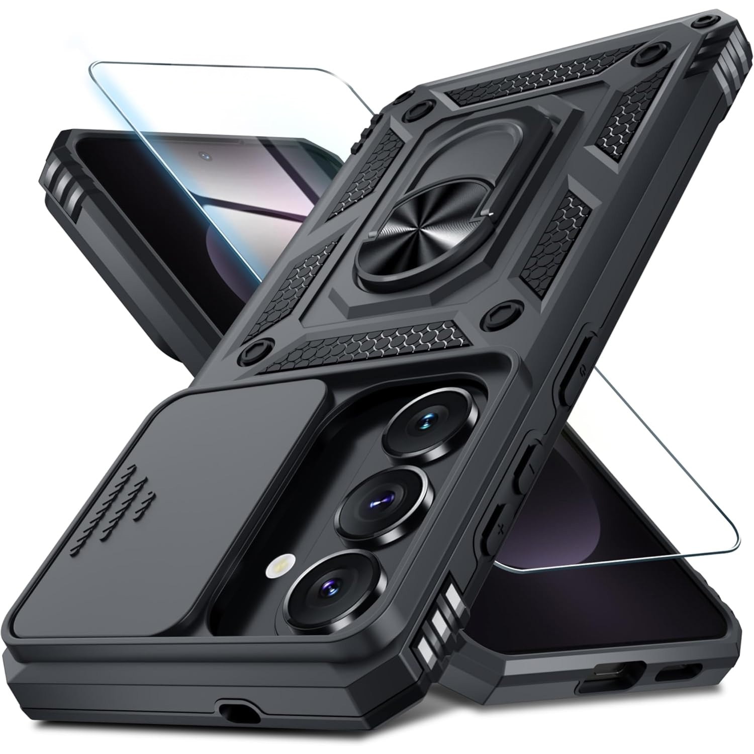 Set protecție husa și folie pentru Samsung Galaxy S26, Daden, Hybrid Antisoc, inel rotativ 360, Negru