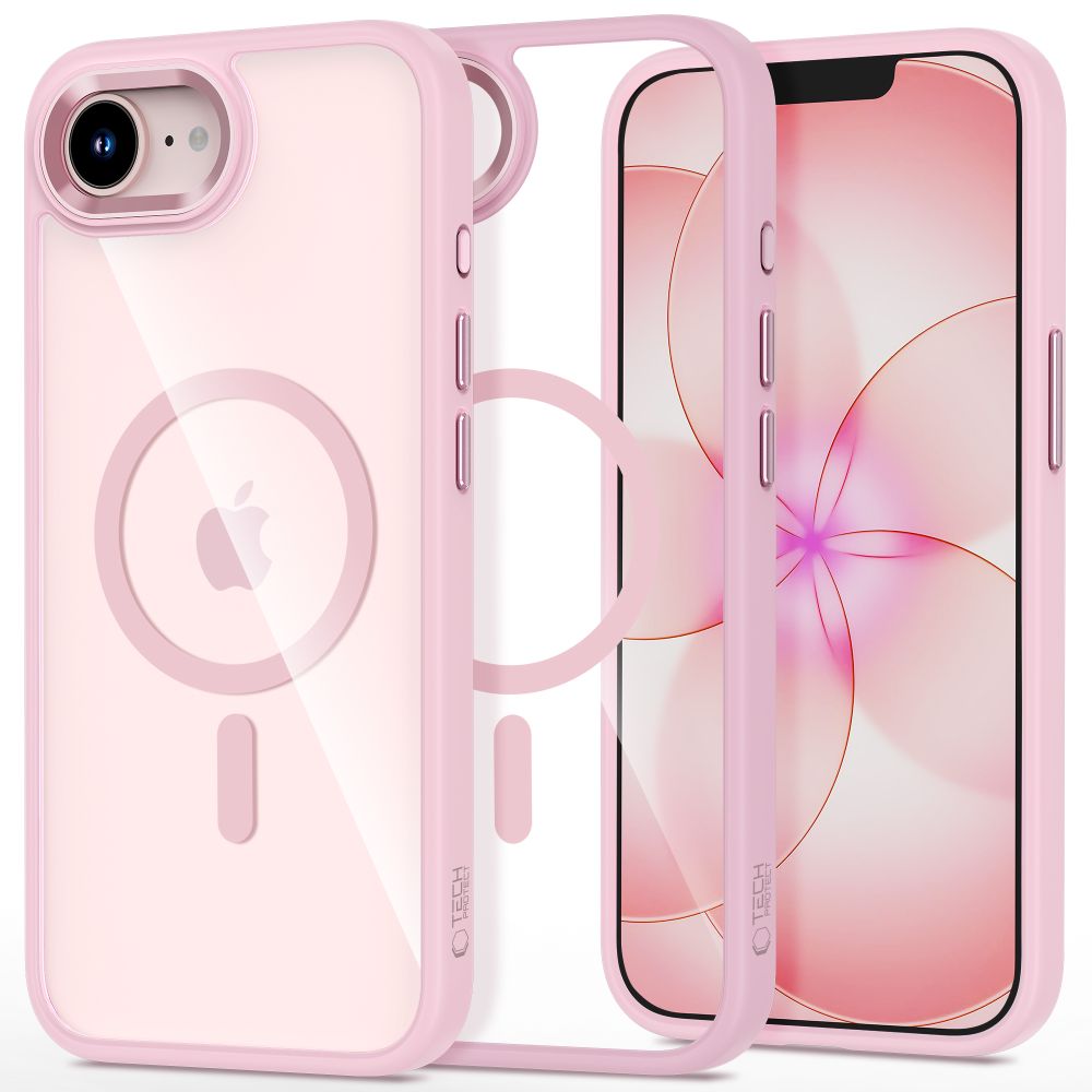 Husă Tech-Protect Magmat MagSafe roz transparent pentru iPhone 16e/17e, hibrid TPU + PC, protecție ridicată