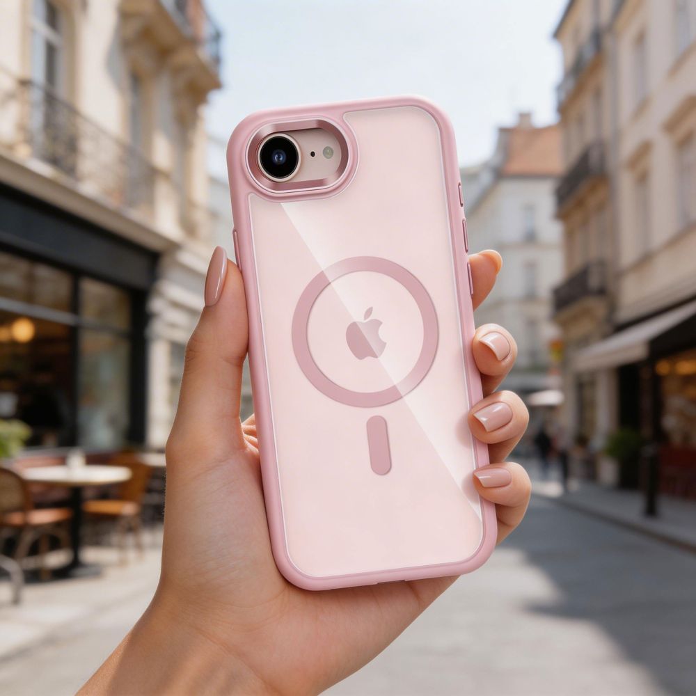 Husă Tech-Protect Magmat MagSafe roz transparent pentru iPhone 16e/17e, hibrid TPU + PC, protecție ridicată