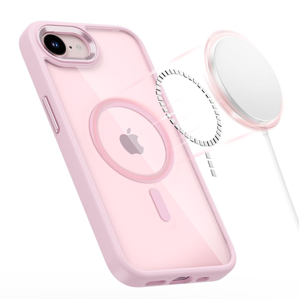 Husă Tech-Protect Magmat MagSafe roz transparent pentru iPhone 16e/17e, hibrid TPU + PC, protecție ridicată