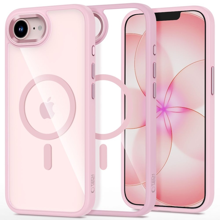 Husă Tech-Protect Magmat MagSafe roz transparent pentru iPhone 16e/17e, hibrid TPU + PC, protecție ridicată