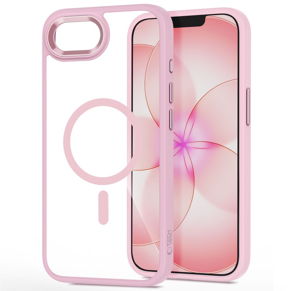 Husă Tech-Protect Magmat MagSafe roz transparent pentru iPhone 16e/17e, hibrid TPU + PC, protecție ridicată