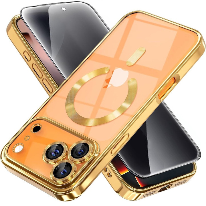 Pachet Husa plus Folie Privacy pentru iPhone 17 Pro Max DaDen MagSafe Luxury, Antisoc, Protectie Camera, Margini Metalizate, Transparenta cu Margini Aurii