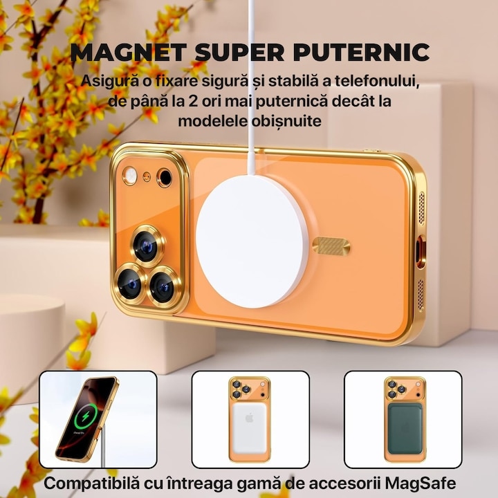 Pachet Husa plus Folie Privacy pentru iPhone 17 Pro Max DaDen MagSafe Luxury, Antisoc, Protectie Camera, Margini Metalizate, Transparenta cu Margini Aurii