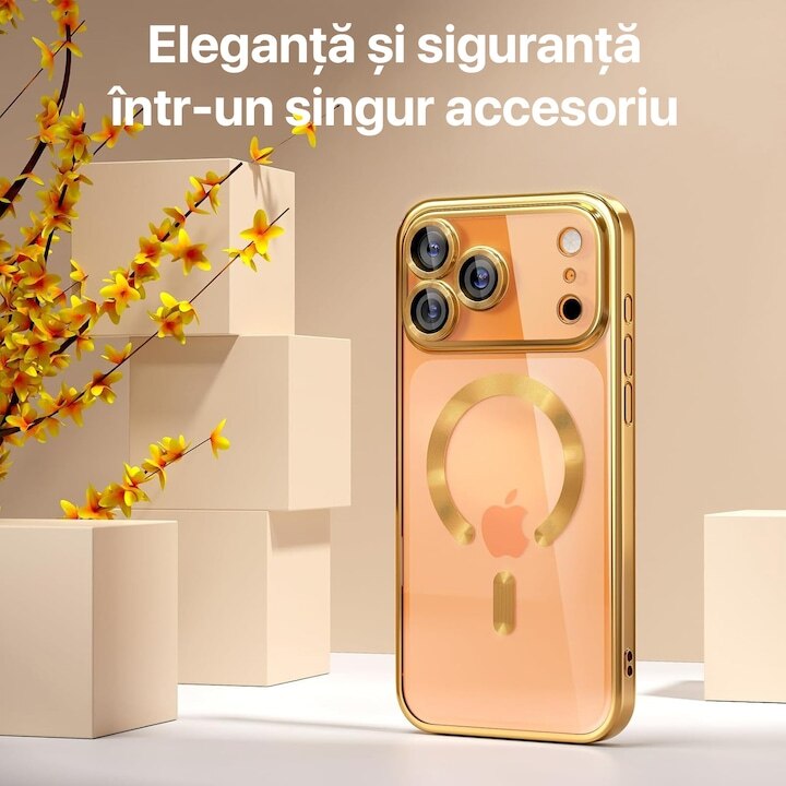 Pachet Husa plus Folie Privacy pentru iPhone 17 Pro Max DaDen MagSafe Luxury, Antisoc, Protectie Camera, Margini Metalizate, Transparenta cu Margini Aurii