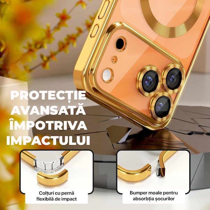 Pachet Husa plus Folie Privacy pentru iPhone 17 Pro Max DaDen MagSafe Luxury, Antisoc, Protectie Camera, Margini Metalizate, Transparenta cu Margini Aurii