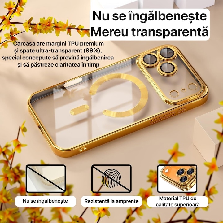 Pachet Husa plus Folie Privacy pentru iPhone 17 Pro Max DaDen MagSafe Luxury, Antisoc, Protectie Camera, Margini Metalizate, Transparenta cu Margini Aurii