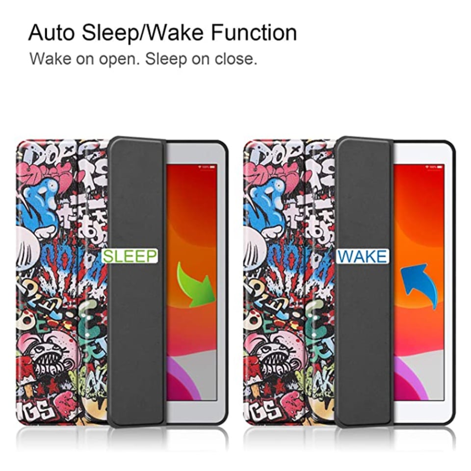 Husa tableta pentru Apple iPad 7 10.2" (2019), SKYDDAR INNOVATION, cu suport Multi-Unghi si functie Sleep/Wake, FoldPro, Multicolor, set cu sticker
