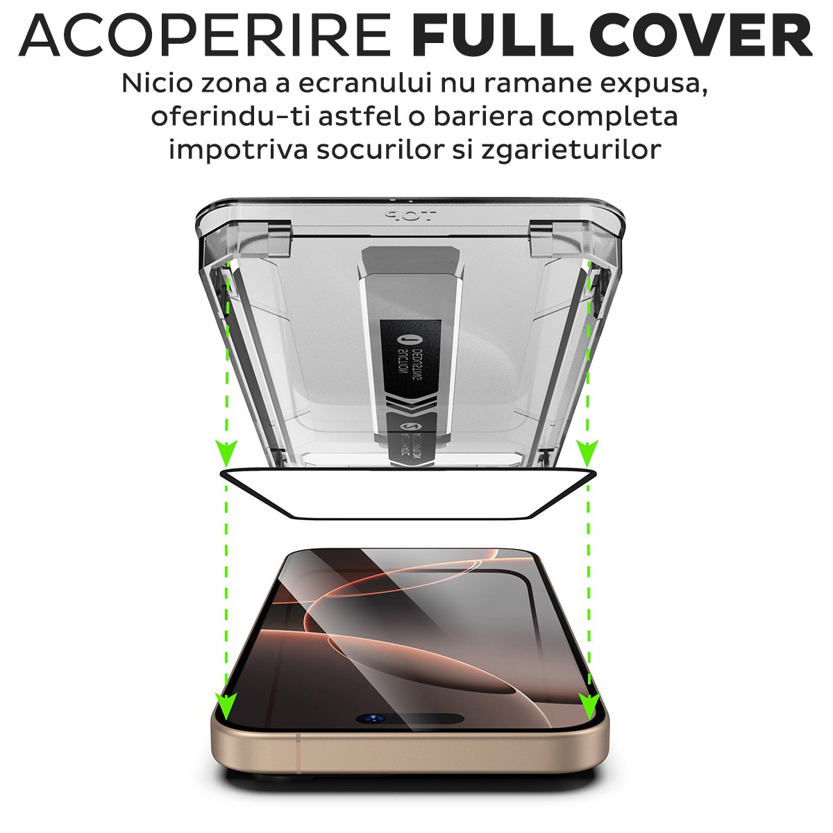 Folie Sticla pentru Apple iPhone 15 / iPhone 16 Daden TitanGlass, Full Cover, Kit de instalare usoara si rapida cu dispozitiv de potrivire automata, Protectie Profesionala, Ultra Rezistenta, Transparenta
