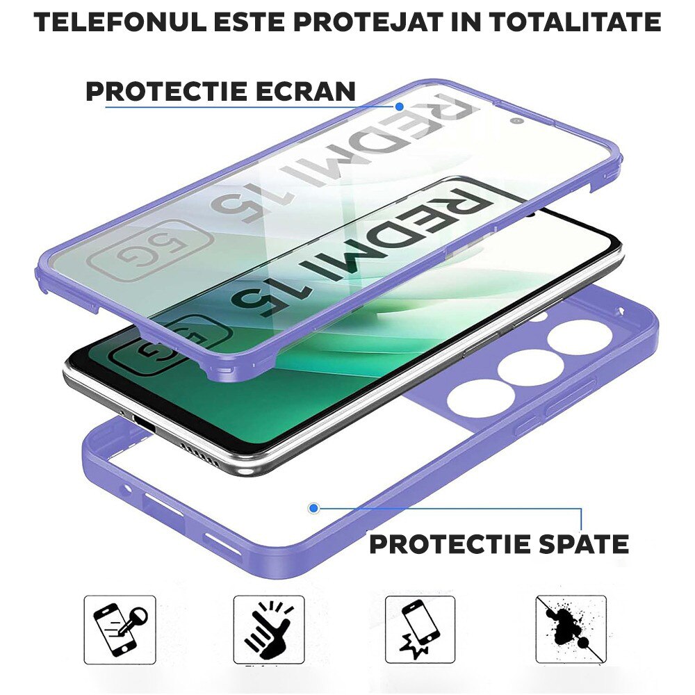Husa pentru Xiaomi Redmi 15 4G / Redmi 15 5G DaDen® ColorVerse 360, Antisoc, Protectie completa spate-ecran, Roz