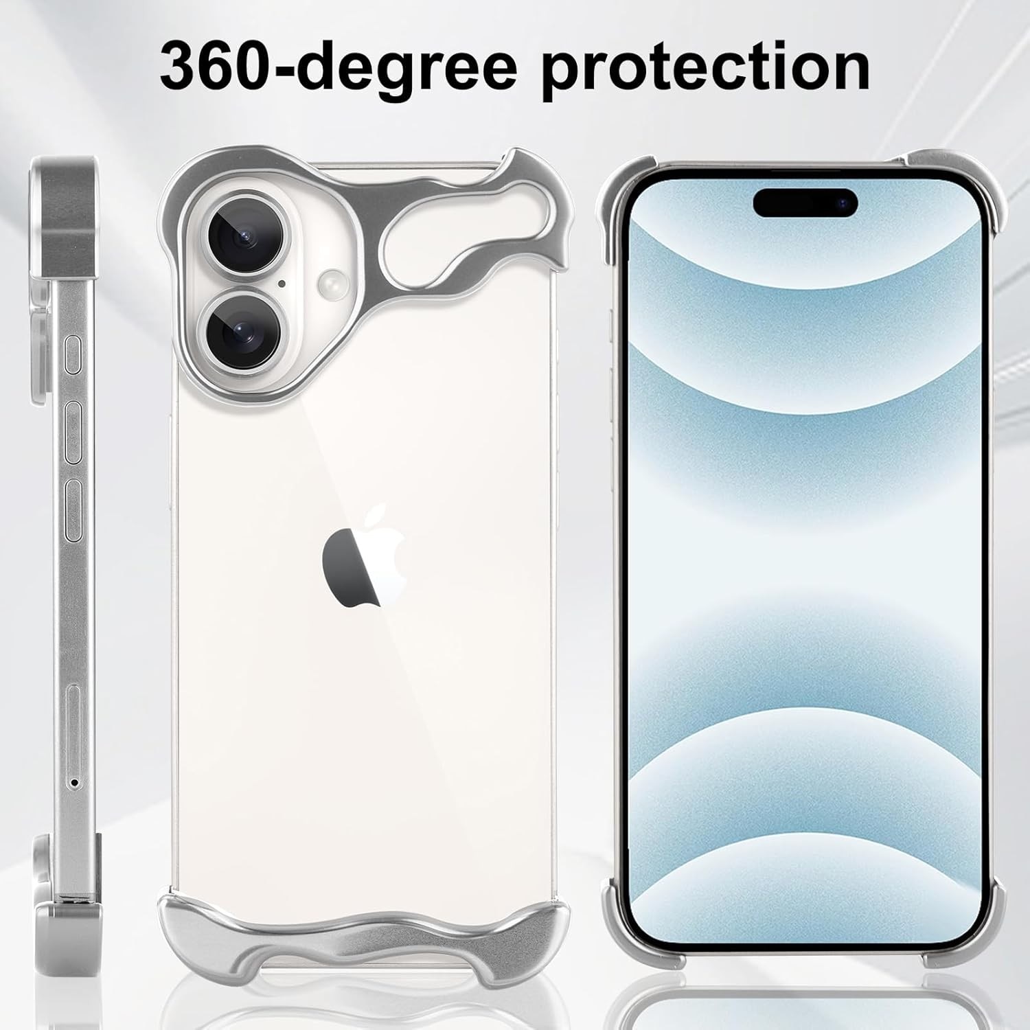Husa Metalica Compatibila cu iPhone 16 Plus, Leski, Protectie pentru Colturile Telefonului si Camera, Aliaj, Antisoc, Antizgariere, Argintiu