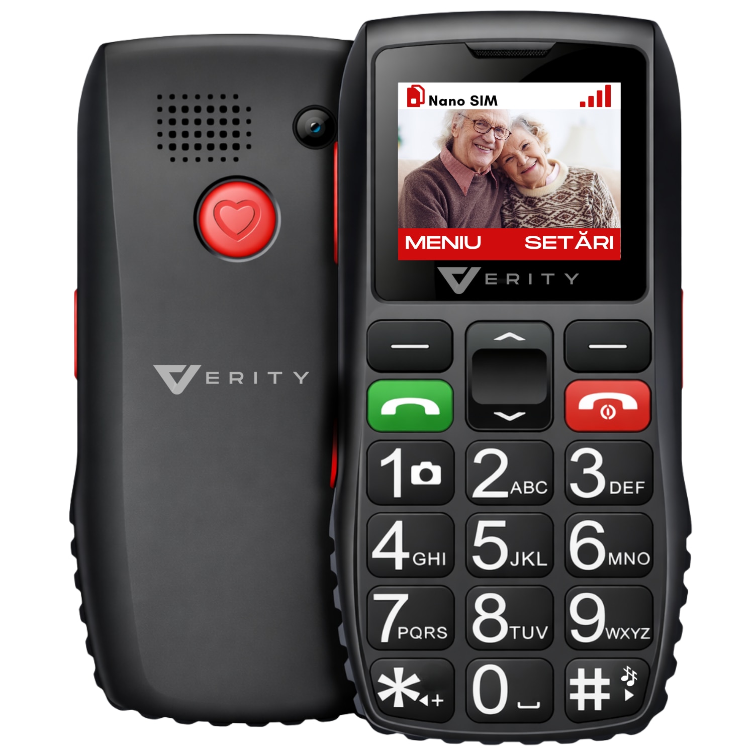 Telefon Mobil Seniori VERITY, Functie SOS pentru Siguranta, Telefon Mobil cu Taste Mari, Meniu Limba Romana Maghiara Bulgara, Radio, Difuzor Puternic, Lanterna, Baterie 1800mAh, Ecran 4.6cm, Telefon cu Butoane Rezistent Varstnici, Carcasa Solida