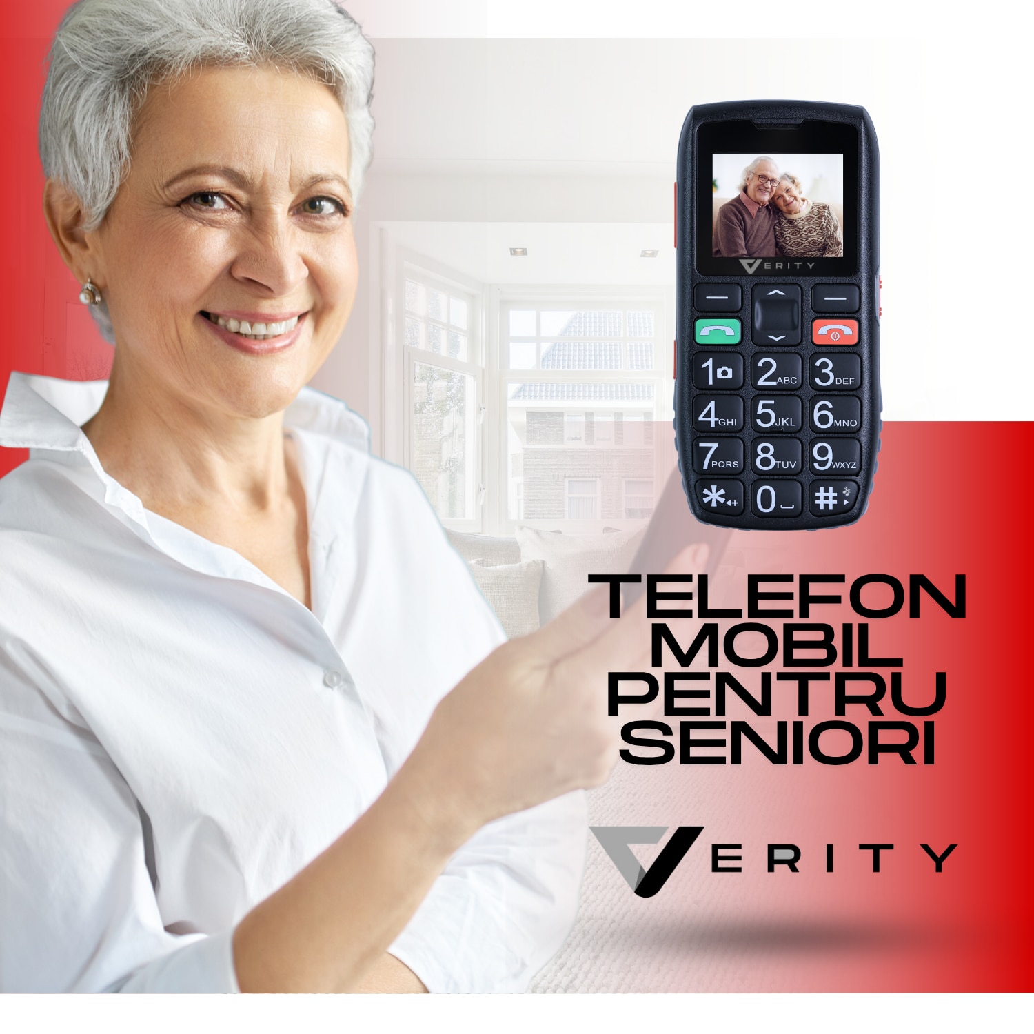 Telefon Mobil Seniori VERITY, Functie SOS pentru Siguranta, Telefon Mobil cu Taste Mari, Meniu Limba Romana Maghiara Bulgara, Radio, Difuzor Puternic, Lanterna, Baterie 1800mAh, Ecran 4.6cm, Telefon cu Butoane Rezistent Varstnici, Carcasa Solida