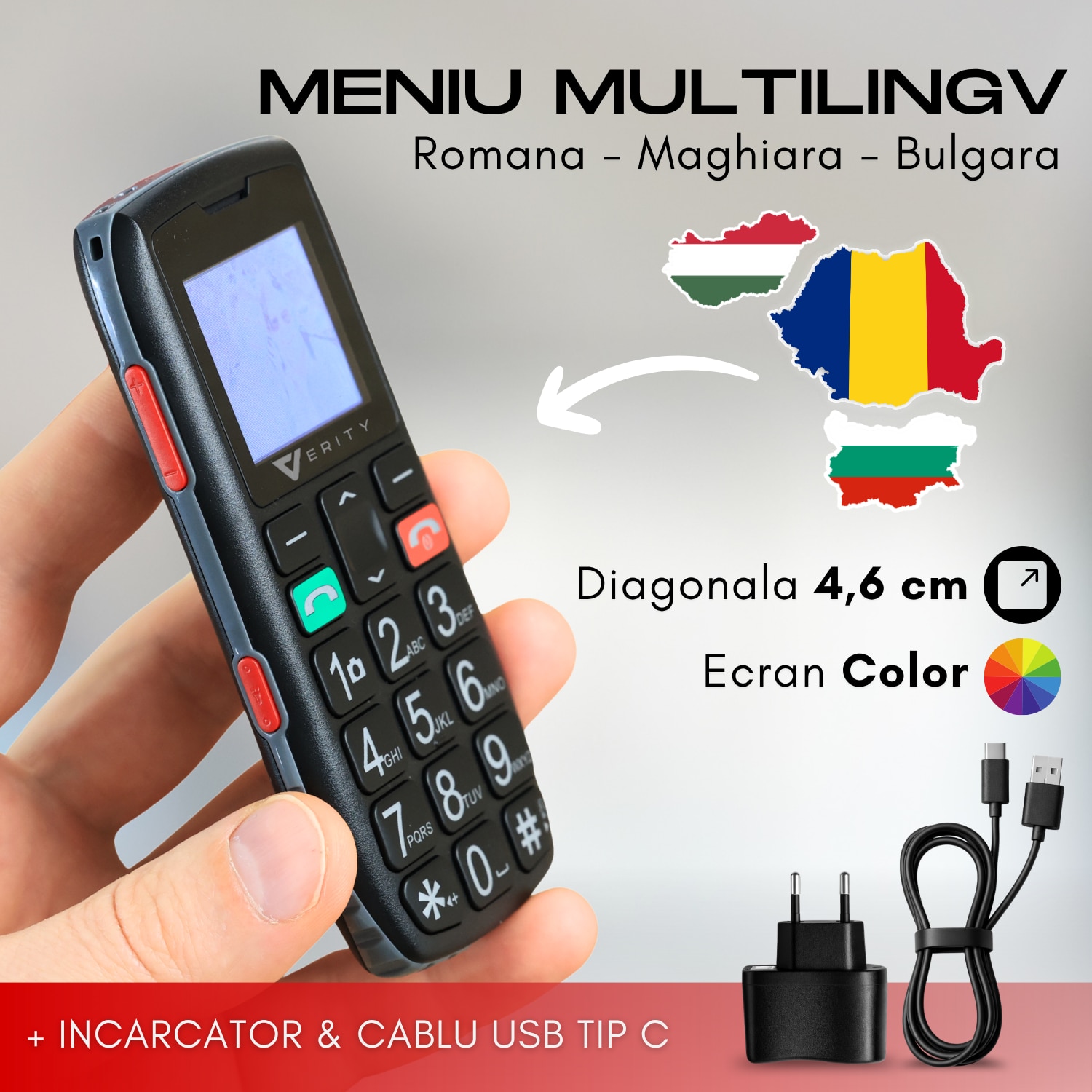 Telefon Mobil Seniori VERITY, Functie SOS pentru Siguranta, Telefon Mobil cu Taste Mari, Meniu Limba Romana Maghiara Bulgara, Radio, Difuzor Puternic, Lanterna, Baterie 1800mAh, Ecran 4.6cm, Telefon cu Butoane Rezistent Varstnici, Carcasa Solida