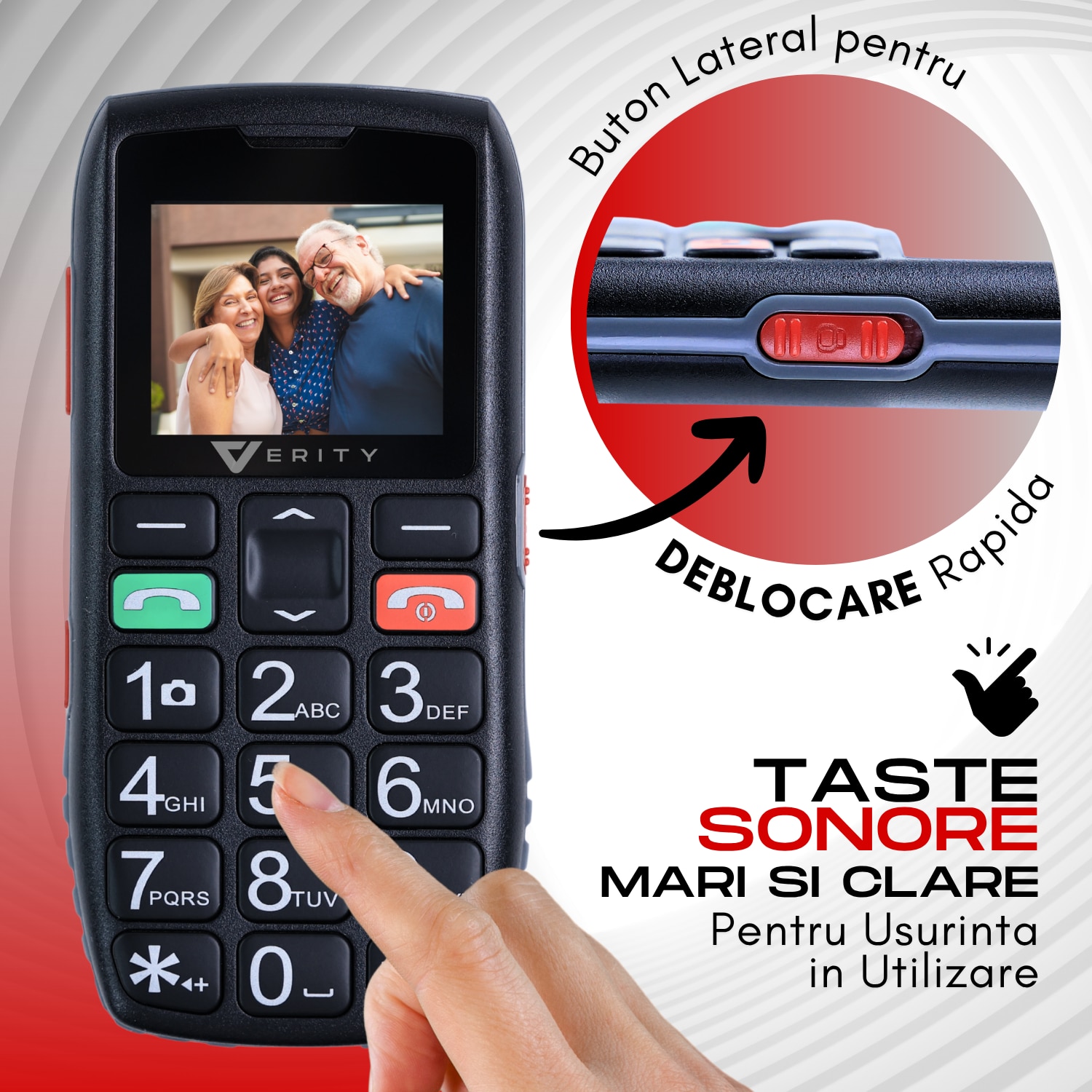 Telefon Mobil Seniori VERITY, Functie SOS pentru Siguranta, Telefon Mobil cu Taste Mari, Meniu Limba Romana Maghiara Bulgara, Radio, Difuzor Puternic, Lanterna, Baterie 1800mAh, Ecran 4.6cm, Telefon cu Butoane Rezistent Varstnici, Carcasa Solida