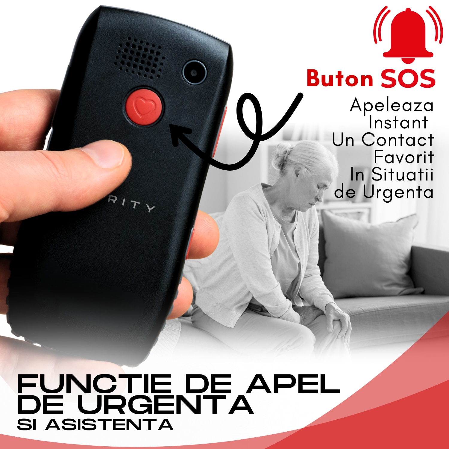 Telefon Mobil Seniori VERITY, Functie SOS pentru Siguranta, Telefon Mobil cu Taste Mari, Meniu Limba Romana Maghiara Bulgara, Radio, Difuzor Puternic, Lanterna, Baterie 1800mAh, Ecran 4.6cm, Telefon cu Butoane Rezistent Varstnici, Carcasa Solida