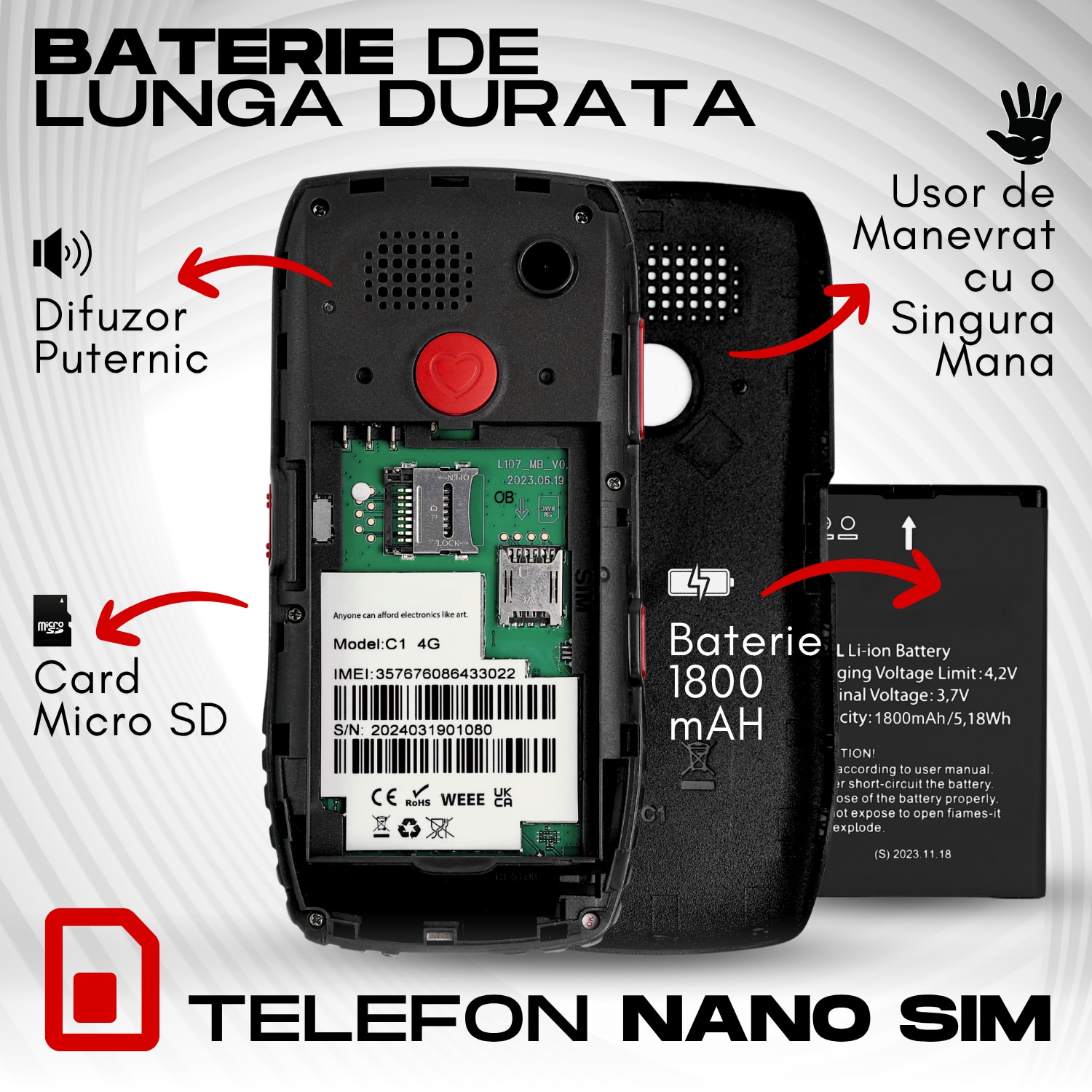Telefon Mobil Seniori VERITY, Functie SOS pentru Siguranta, Telefon Mobil cu Taste Mari, Meniu Limba Romana Maghiara Bulgara, Radio, Difuzor Puternic, Lanterna, Baterie 1800mAh, Ecran 4.6cm, Telefon cu Butoane Rezistent Varstnici, Carcasa Solida