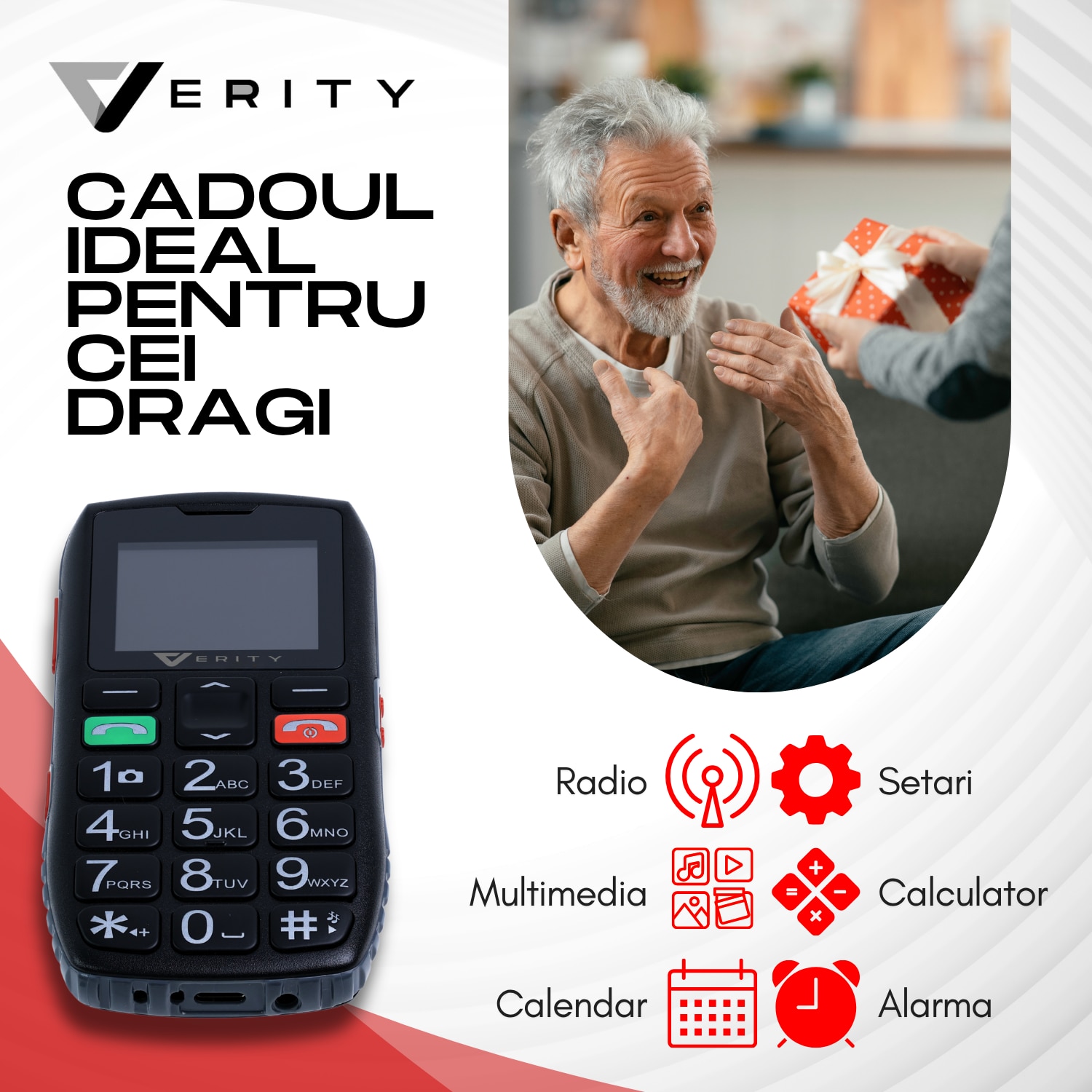 Telefon Mobil Seniori VERITY, Functie SOS pentru Siguranta, Telefon Mobil cu Taste Mari, Meniu Limba Romana Maghiara Bulgara, Radio, Difuzor Puternic, Lanterna, Baterie 1800mAh, Ecran 4.6cm, Telefon cu Butoane Rezistent Varstnici, Carcasa Solida
