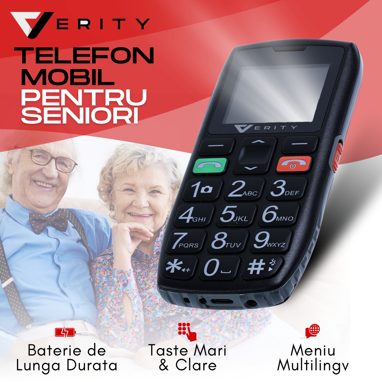 Telefon Mobil Seniori VERITY, Functie SOS pentru Siguranta, Telefon Mobil cu Taste Mari, Meniu Limba Romana Maghiara Bulgara, Radio, Difuzor Puternic, Lanterna, Baterie 1800mAh, Ecran 4.6cm, Telefon cu Butoane Rezistent Varstnici, Carcasa Solida