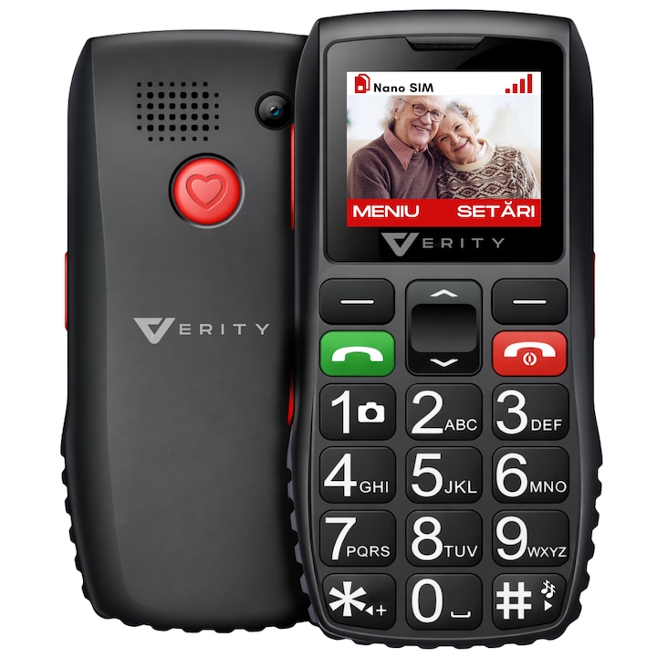 Telefon Mobil Seniori VERITY, Functie SOS pentru Siguranta, Telefon Mobil cu Taste Mari, Meniu Limba Romana Maghiara Bulgara, Radio, Difuzor Puternic, Lanterna, Baterie 1800mAh, Ecran 4.6cm, Telefon cu Butoane Rezistent Varstnici, Carcasa Solida