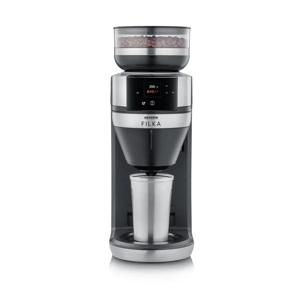 Cafetiera drip coffee cu rasnita Severin, Filka, compatibila cu cafea boabe/macinata, capacitate rasnita 235 g, rasnire reglabila, setare aroma 5 trepte, carafa sticla, timer, panou de control senzor touch, accesoriu utilizare cana/ceasca/termos, inox