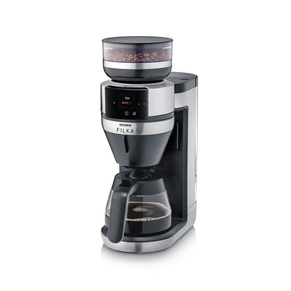 Cafetiera drip coffee cu rasnita Severin, Filka, compatibila cu cafea boabe/macinata, capacitate rasnita 235 g, rasnire reglabila, setare aroma 5 trepte, carafa sticla, timer, panou de control senzor touch, accesoriu utilizare cana/ceasca/termos, inox