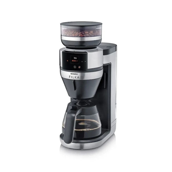 Cafetiera drip coffee cu rasnita Severin, Filka, compatibila cu cafea boabe/macinata, capacitate rasnita 235 g, rasnire reglabila, setare aroma 5 trepte, carafa sticla, timer, panou de control senzor touch, accesoriu utilizare cana/ceasca/termos, inox