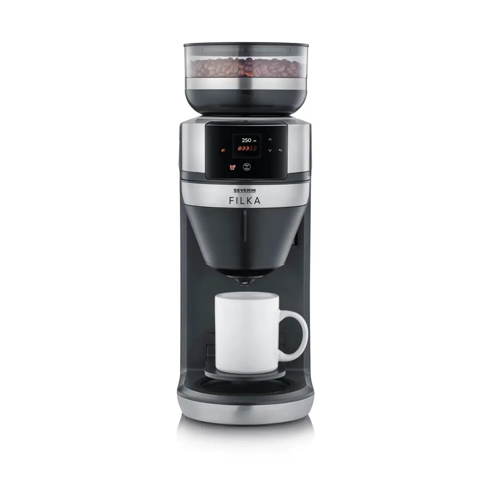 Cafetiera drip coffee cu rasnita Severin, Filka, compatibila cu cafea boabe/macinata, capacitate rasnita 235 g, rasnire reglabila, setare aroma 5 trepte, carafa sticla, timer, panou de control senzor touch, accesoriu utilizare cana/ceasca/termos, inox