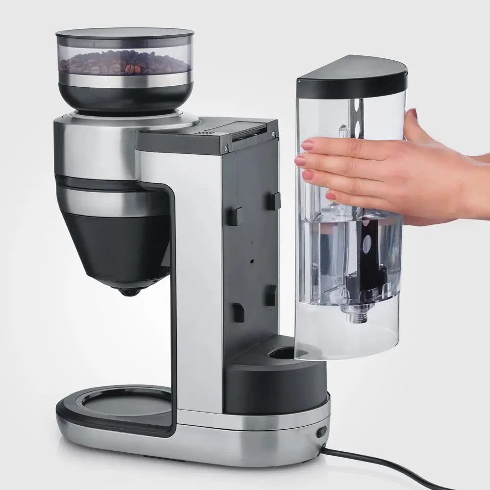 Cafetiera drip coffee cu rasnita Severin, Filka, compatibila cu cafea boabe/macinata, capacitate rasnita 235 g, rasnire reglabila, setare aroma 5 trepte, carafa sticla, timer, panou de control senzor touch, accesoriu utilizare cana/ceasca/termos, inox