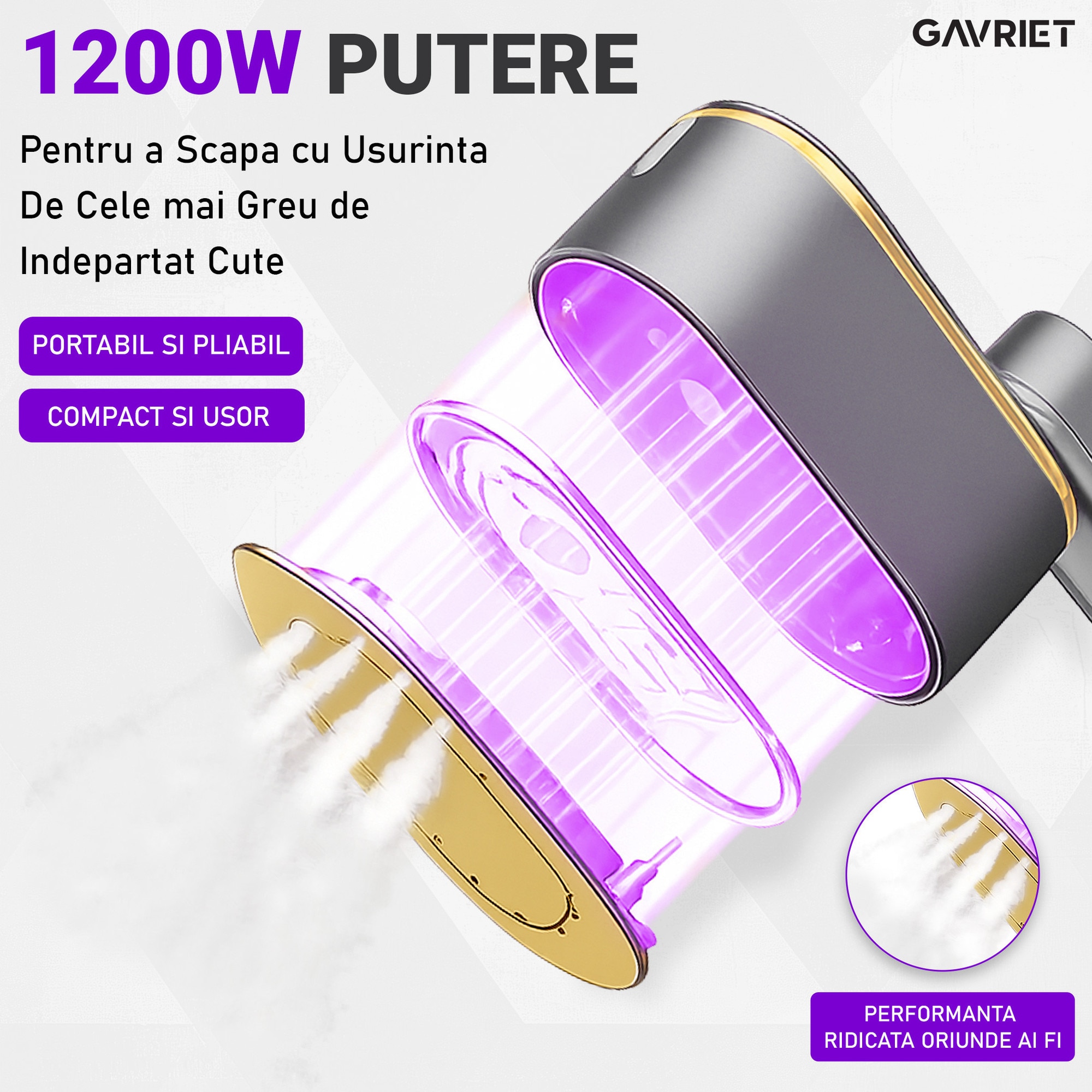 Fier de Calcat Vertical si Orizontal cu Abur Gavriet®, Pliabil si Portabil, 1200W, Rezervor 150 ml, Incalzire Rapida in 20s, 3 Moduri, Cablu 1.5m, Placa Ceramica, Suport Perete, Display LED, Statie de Calcat, Gri