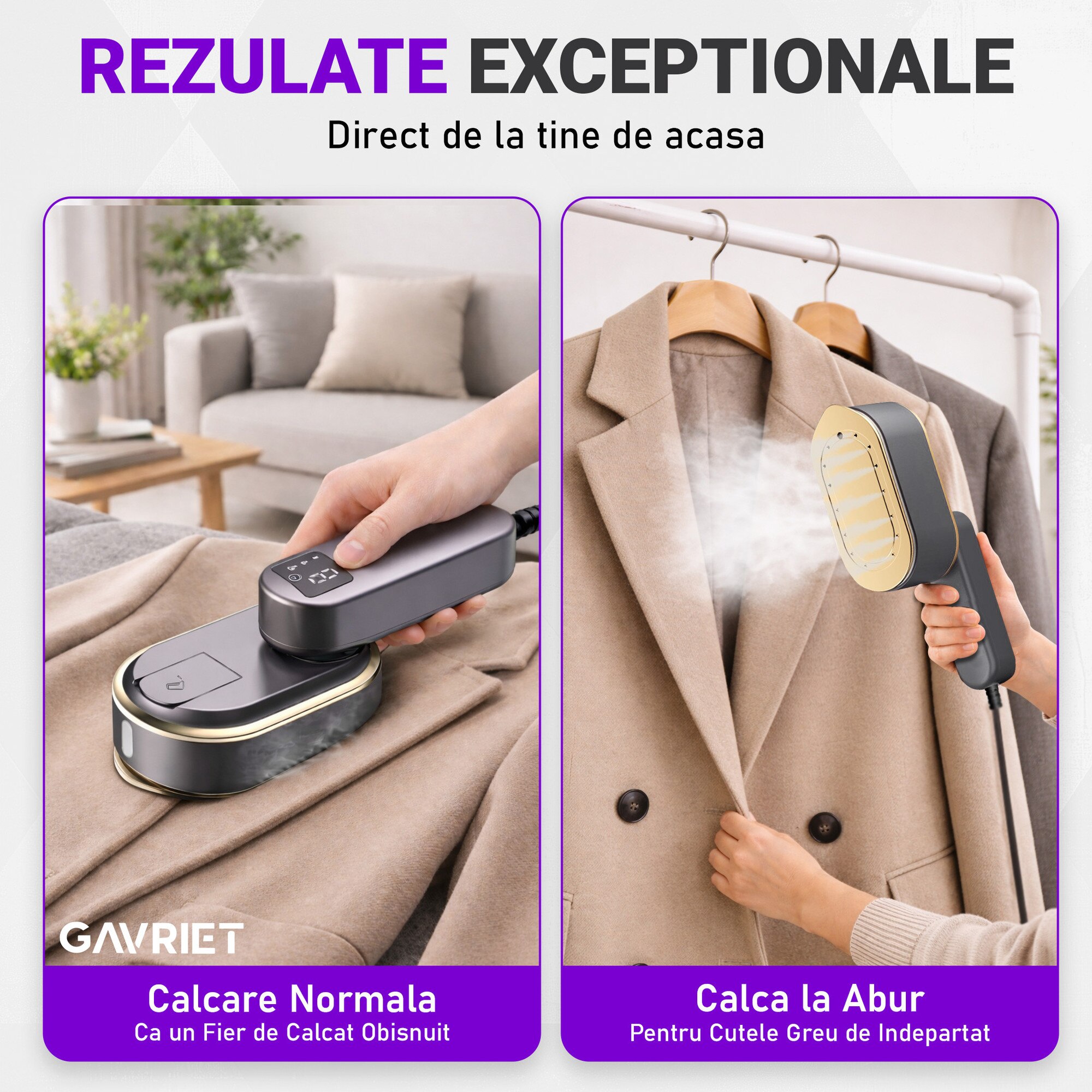 Fier de Calcat Vertical si Orizontal cu Abur Gavriet®, Pliabil si Portabil, 1200W, Rezervor 150 ml, Incalzire Rapida in 20s, 3 Moduri, Cablu 1.5m, Placa Ceramica, Suport Perete, Display LED, Statie de Calcat, Gri