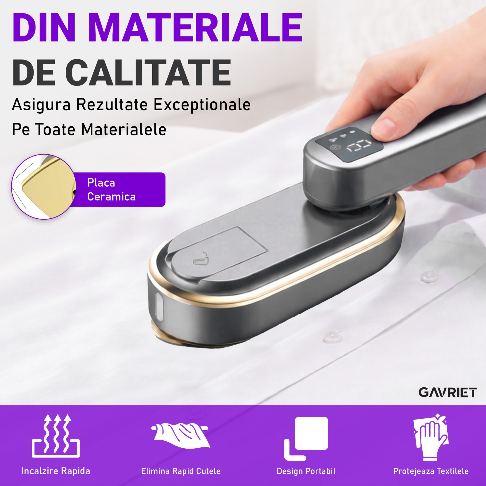 Fier de Calcat Vertical si Orizontal cu Abur Gavriet®, Pliabil si Portabil, 1200W, Rezervor 150 ml, Incalzire Rapida in 20s, 3 Moduri, Cablu 1.5m, Placa Ceramica, Suport Perete, Display LED, Statie de Calcat, Gri