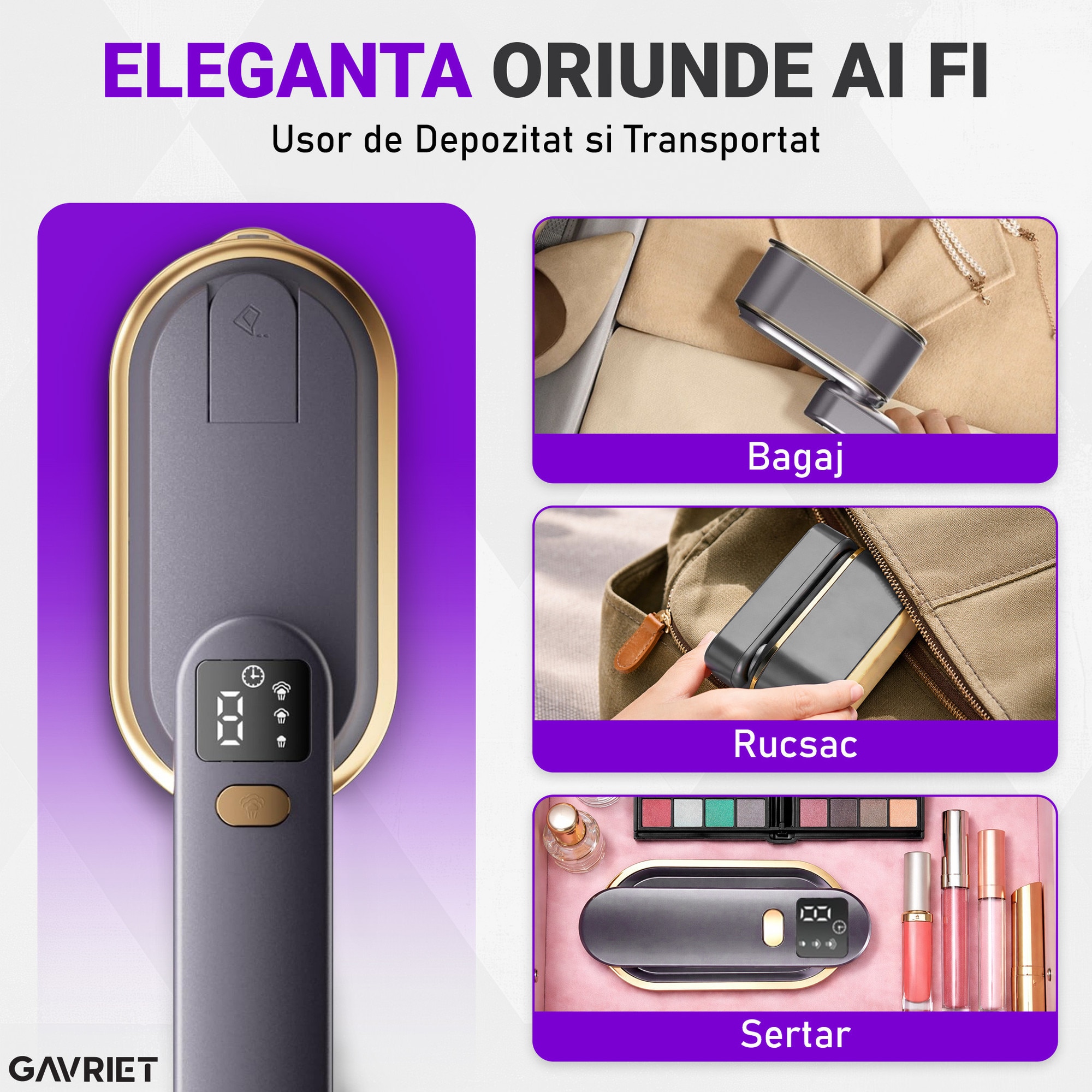 Fier de Calcat Vertical si Orizontal cu Abur Gavriet®, Pliabil si Portabil, 1200W, Rezervor 150 ml, Incalzire Rapida in 20s, 3 Moduri, Cablu 1.5m, Placa Ceramica, Suport Perete, Display LED, Statie de Calcat, Gri