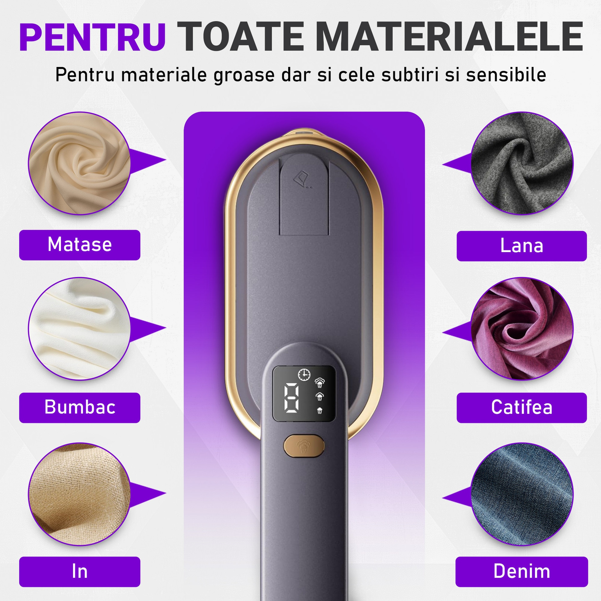 Fier de Calcat Vertical si Orizontal cu Abur Gavriet®, Pliabil si Portabil, 1200W, Rezervor 150 ml, Incalzire Rapida in 20s, 3 Moduri, Cablu 1.5m, Placa Ceramica, Suport Perete, Display LED, Statie de Calcat, Gri