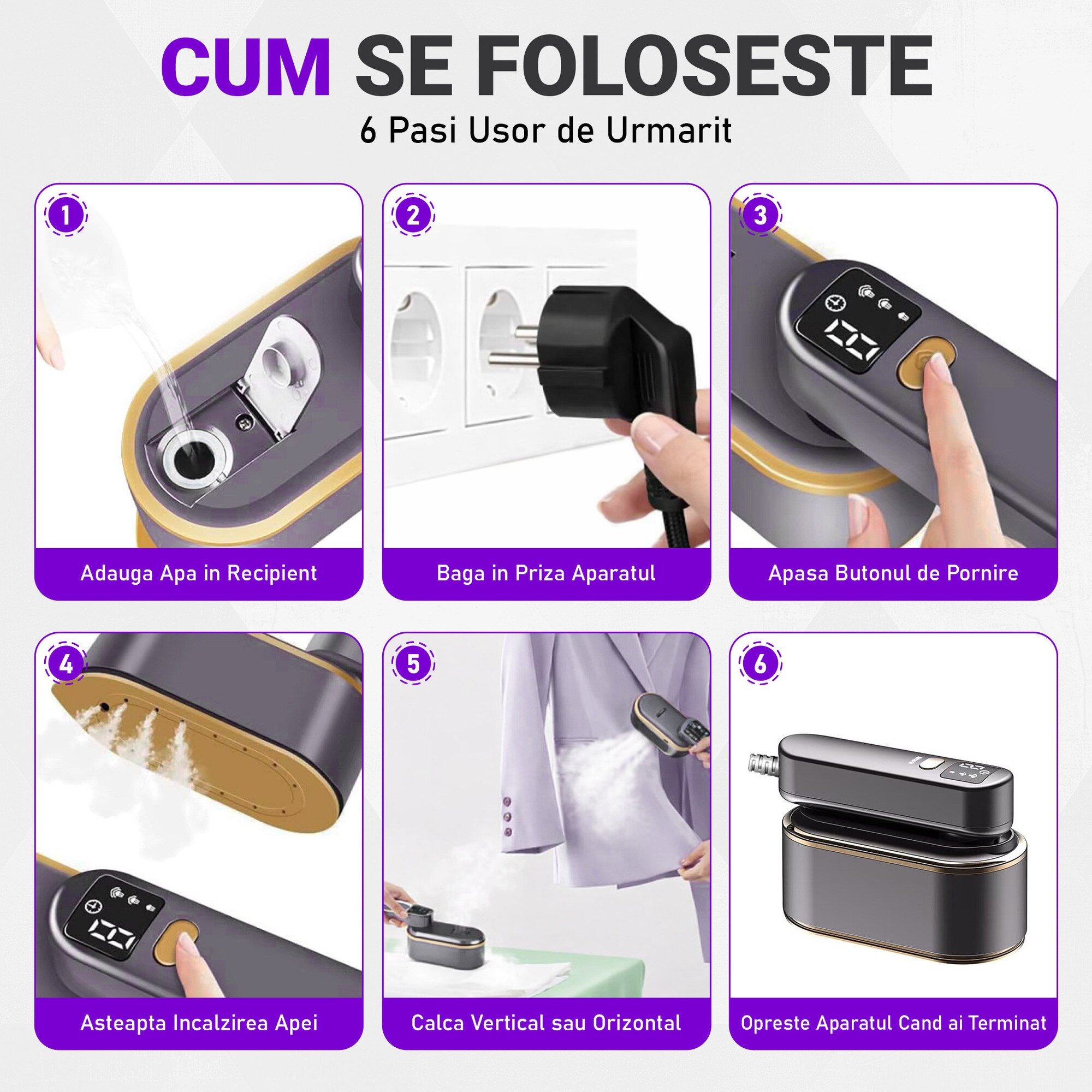 Fier de Calcat Vertical si Orizontal cu Abur Gavriet®, Pliabil si Portabil, 1200W, Rezervor 150 ml, Incalzire Rapida in 20s, 3 Moduri, Cablu 1.5m, Placa Ceramica, Suport Perete, Display LED, Statie de Calcat, Gri