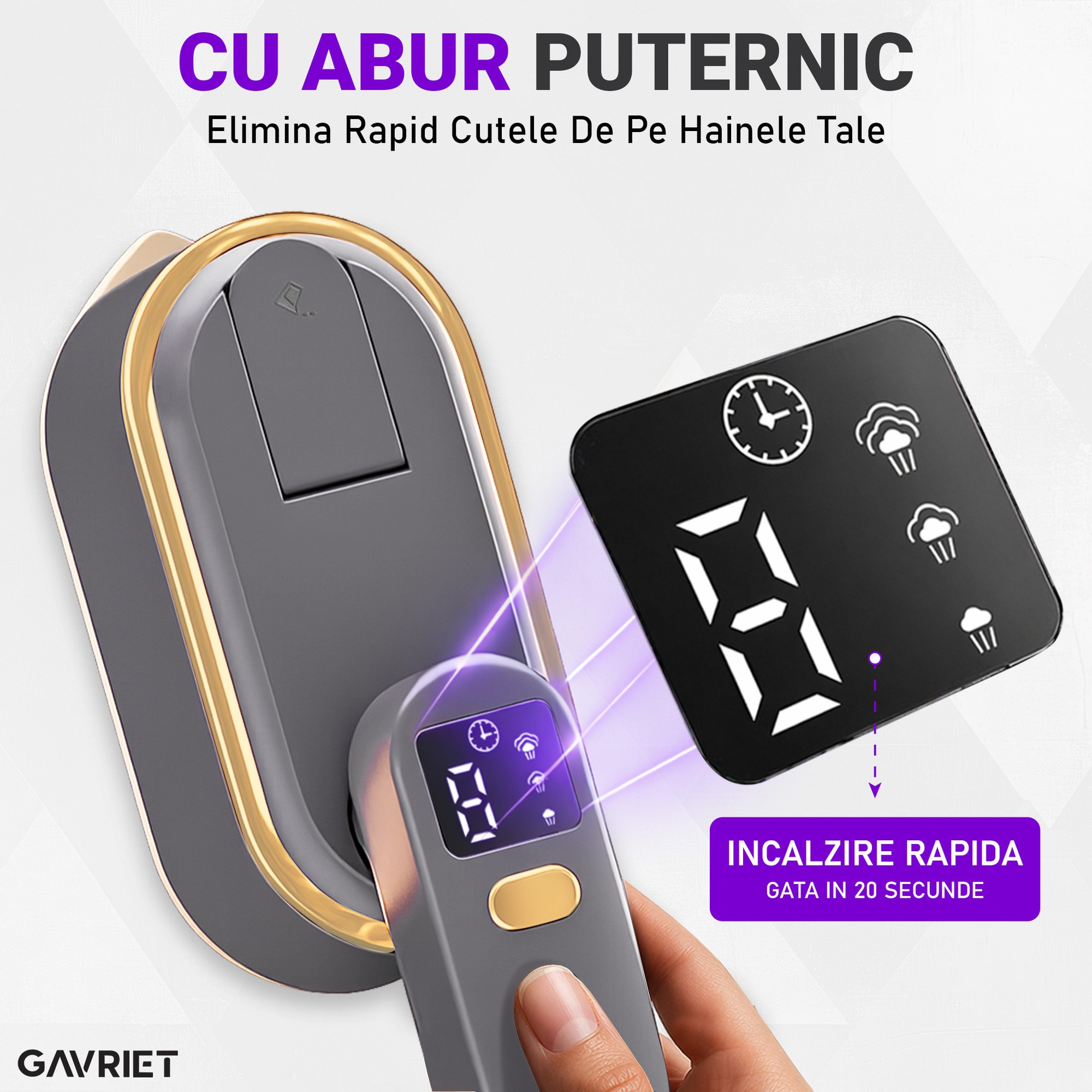 Fier de Calcat Vertical si Orizontal cu Abur Gavriet®, Pliabil si Portabil, 1200W, Rezervor 150 ml, Incalzire Rapida in 20s, 3 Moduri, Cablu 1.5m, Placa Ceramica, Suport Perete, Display LED, Statie de Calcat, Gri