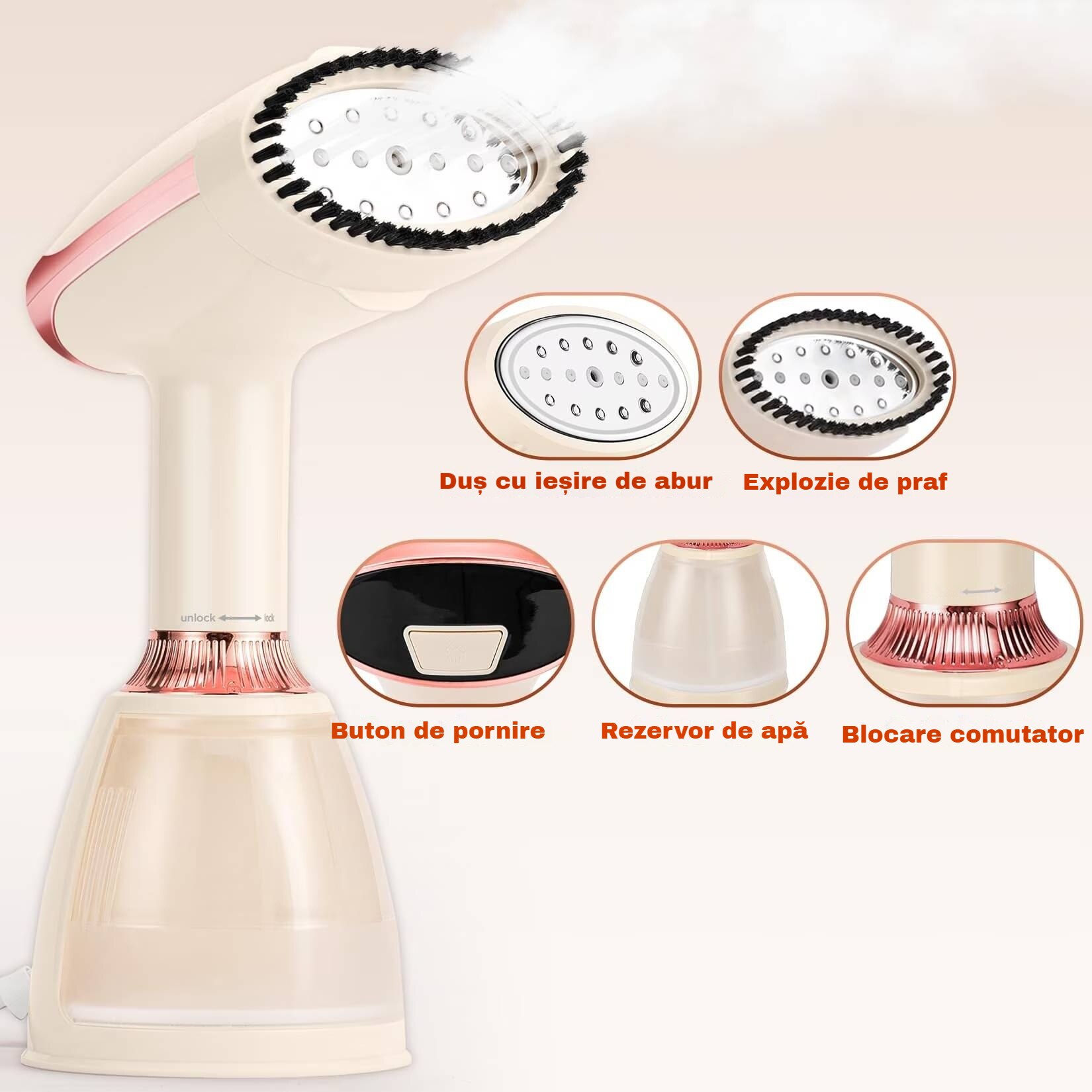Aparat de Calcat Vertical Portabil AVEKKER® cu Abur, Putere 1500W, Debit Abur Constant 28 g/min, Incalzire Rapida 15 Secunde, Rezervor Detasabil 280ml, Functie Oprire Automata, Talpa Ceramica Antiaderenta, Design Ergonomic, Accesorii Incluse, Bej