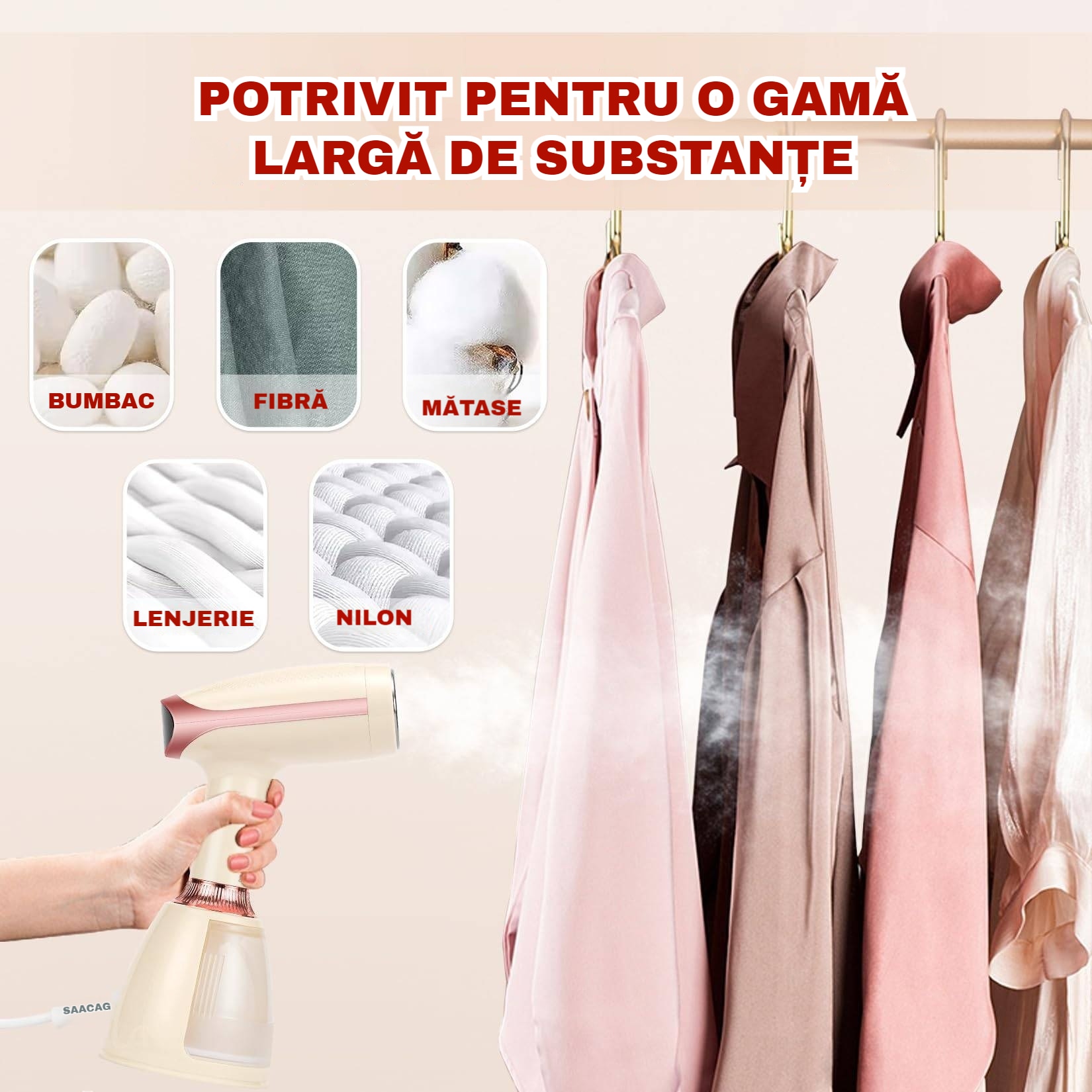 Aparat de Calcat Vertical Portabil AVEKKER® cu Abur, Putere 1500W, Debit Abur Constant 28 g/min, Incalzire Rapida 15 Secunde, Rezervor Detasabil 280ml, Functie Oprire Automata, Talpa Ceramica Antiaderenta, Design Ergonomic, Accesorii Incluse, Bej