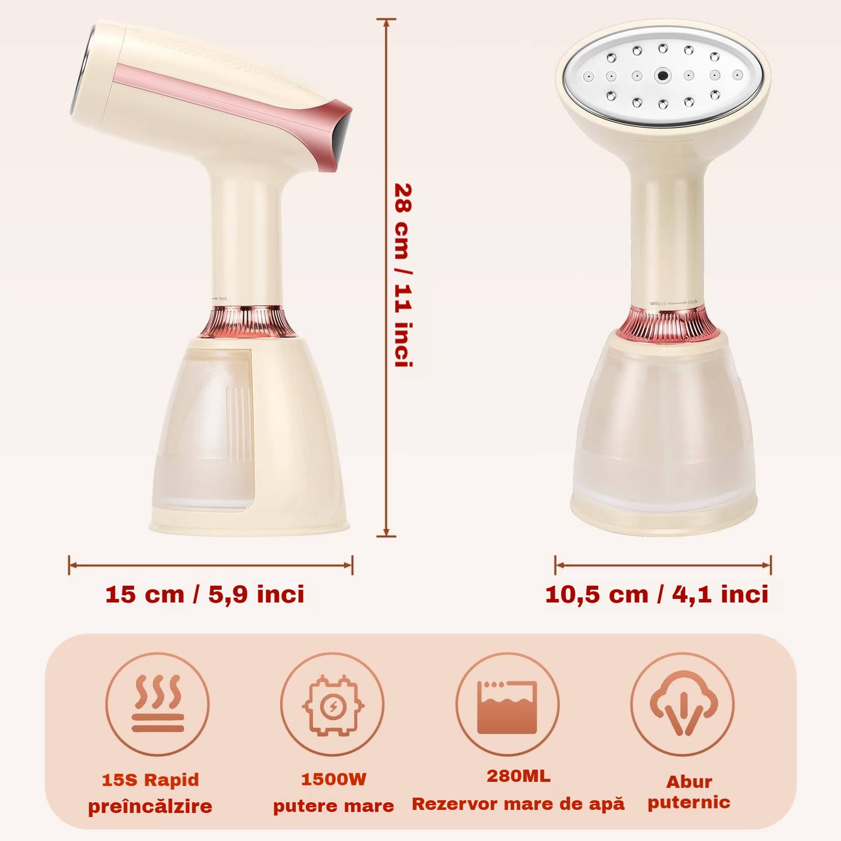 Aparat de Calcat Vertical Portabil AVEKKER® cu Abur, Putere 1500W, Debit Abur Constant 28 g/min, Incalzire Rapida 15 Secunde, Rezervor Detasabil 280ml, Functie Oprire Automata, Talpa Ceramica Antiaderenta, Design Ergonomic, Accesorii Incluse, Bej