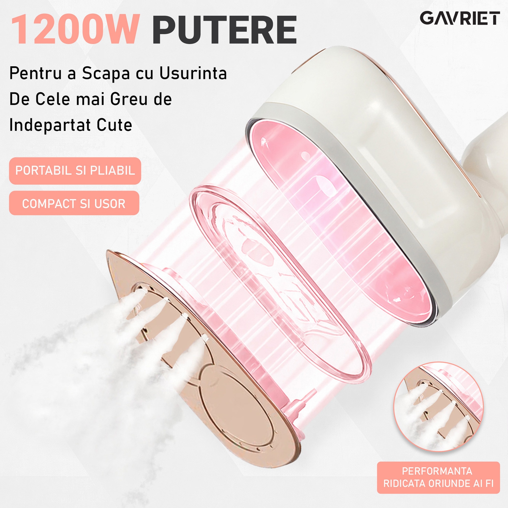 Fier de Calcat Vertical si Orizontal cu Abur Gavriet®, Pliabil si Portabil, 1200W, Rezervor 130 ml, Incalzire Rapida in 20s, 3 Puteri, 2 Moduri, Cablu 1.5m, Placa Ceramica, Suport Perete, Display LED, Statie de Calcat, Bej