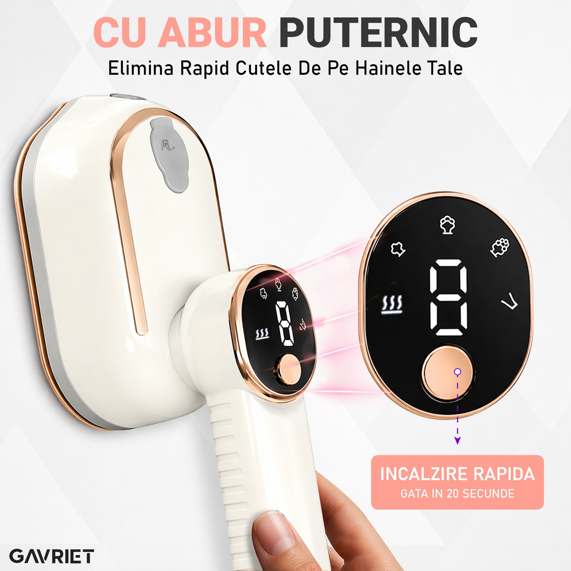 Fier de Calcat Vertical si Orizontal cu Abur Gavriet®, Pliabil si Portabil, 1200W, Rezervor 130 ml, Incalzire Rapida in 20s, 3 Puteri, 2 Moduri, Cablu 1.5m, Placa Ceramica, Suport Perete, Display LED, Statie de Calcat, Bej