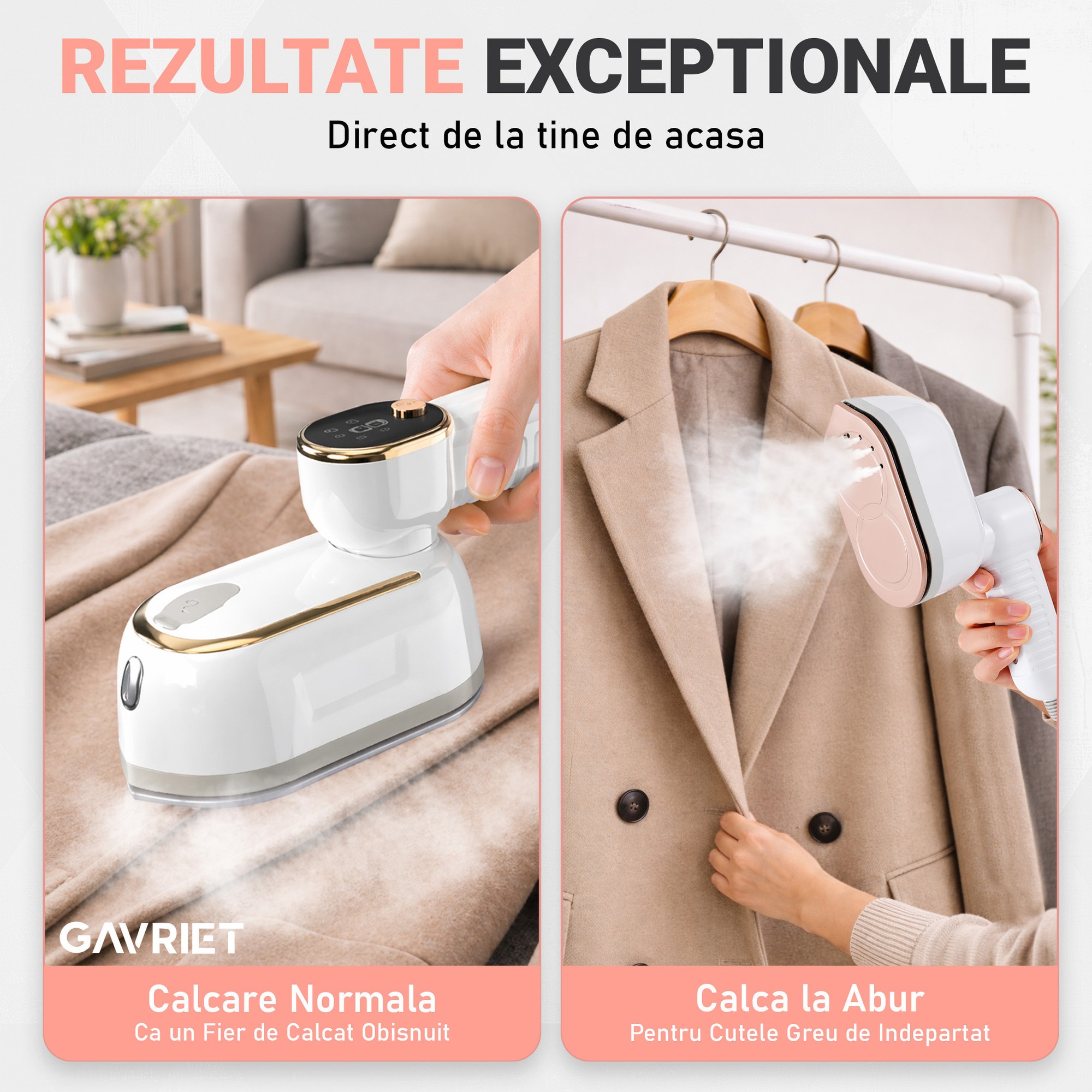 Fier de Calcat Vertical si Orizontal cu Abur Gavriet®, Pliabil si Portabil, 1200W, Rezervor 130 ml, Incalzire Rapida in 20s, 3 Puteri, 2 Moduri, Cablu 1.5m, Placa Ceramica, Suport Perete, Display LED, Statie de Calcat, Bej