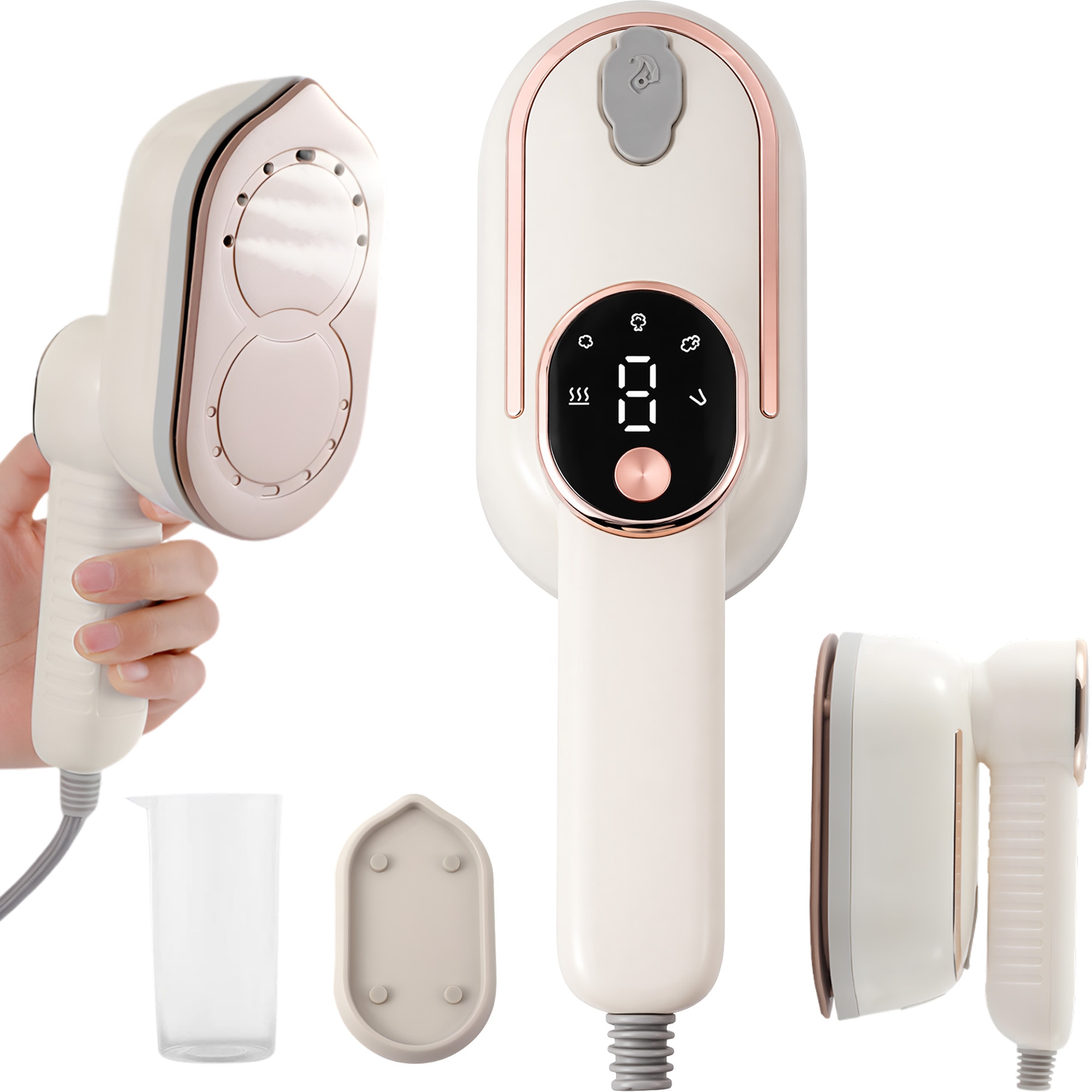 Fier de Calcat Vertical si Orizontal cu Abur Gavriet®, Pliabil si Portabil, 1200W, Rezervor 130 ml, Incalzire Rapida in 20s, 3 Puteri, 2 Moduri, Cablu 1.5m, Placa Ceramica, Suport Perete, Display LED, Statie de Calcat, Bej