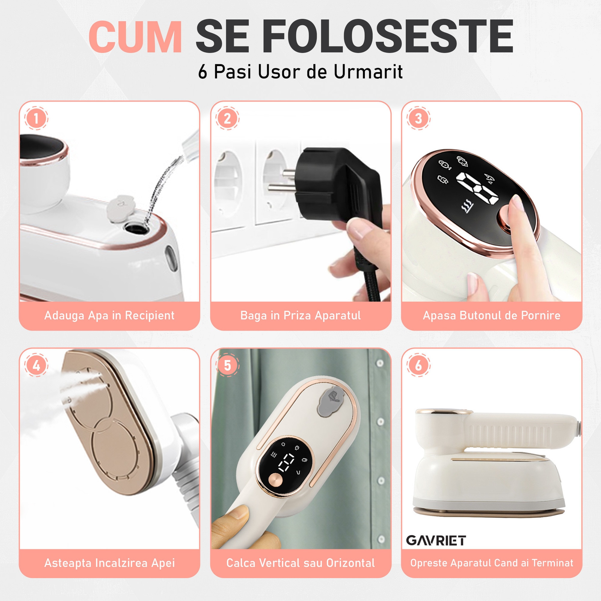 Fier de Calcat Vertical si Orizontal cu Abur Gavriet®, Pliabil si Portabil, 1200W, Rezervor 130 ml, Incalzire Rapida in 20s, 3 Puteri, 2 Moduri, Cablu 1.5m, Placa Ceramica, Suport Perete, Display LED, Statie de Calcat, Bej