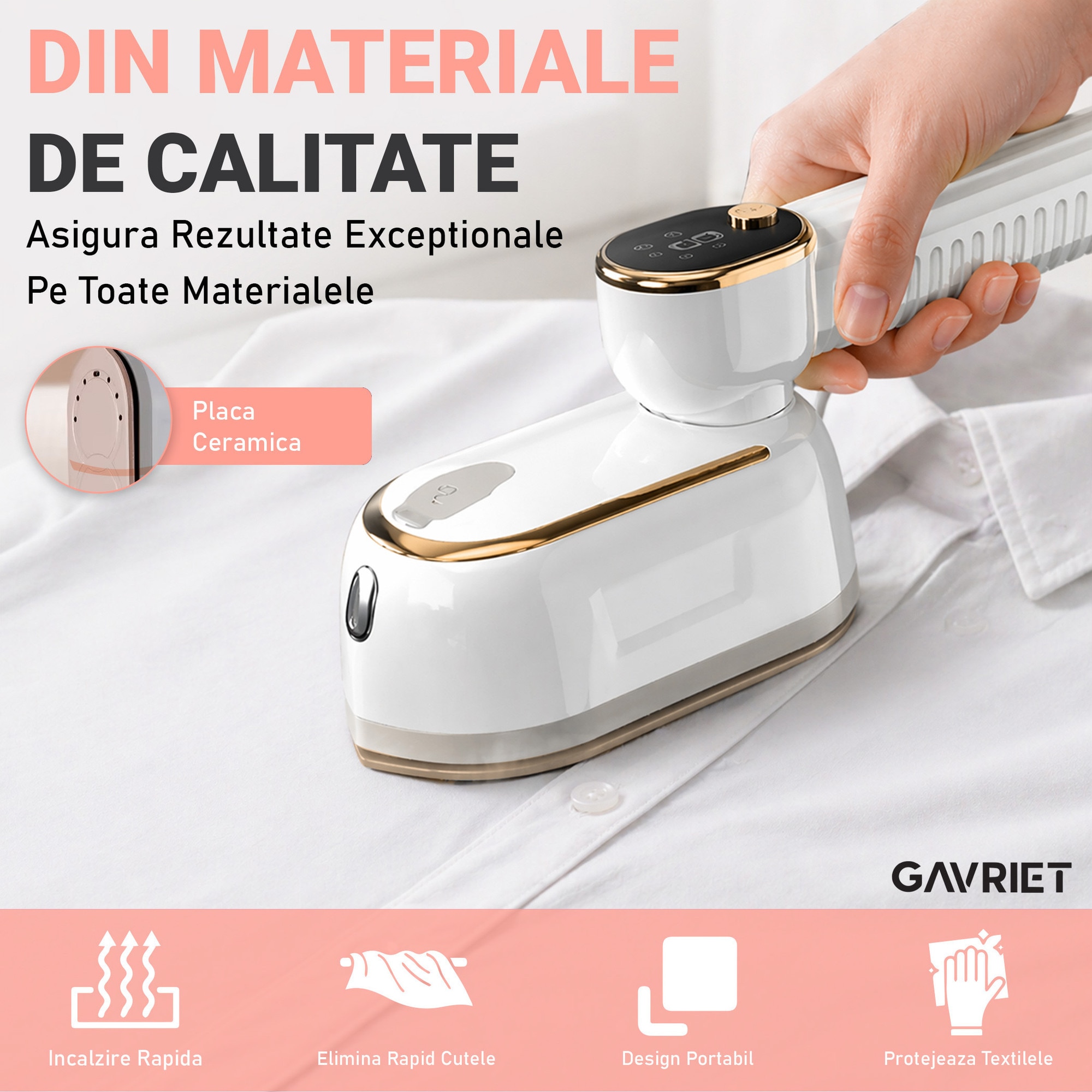 Fier de Calcat Vertical si Orizontal cu Abur Gavriet®, Pliabil si Portabil, 1200W, Rezervor 130 ml, Incalzire Rapida in 20s, 3 Puteri, 2 Moduri, Cablu 1.5m, Placa Ceramica, Suport Perete, Display LED, Statie de Calcat, Bej