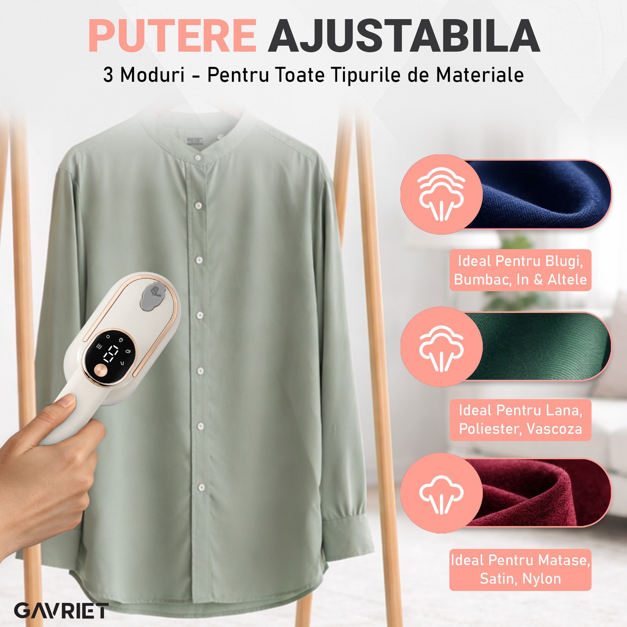 Fier de Calcat Vertical si Orizontal cu Abur Gavriet®, Pliabil si Portabil, 1200W, Rezervor 130 ml, Incalzire Rapida in 20s, 3 Puteri, 2 Moduri, Cablu 1.5m, Placa Ceramica, Suport Perete, Display LED, Statie de Calcat, Bej