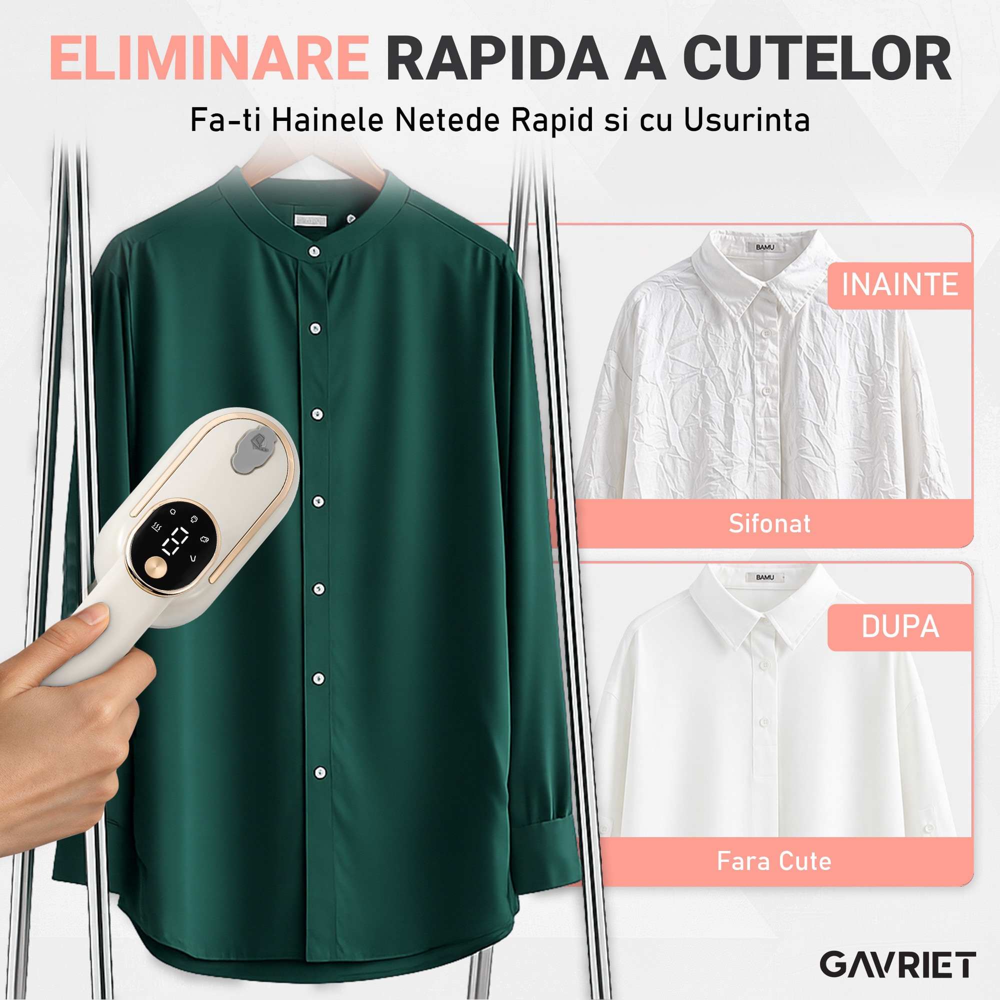 Fier de Calcat Vertical si Orizontal cu Abur Gavriet®, Pliabil si Portabil, 1200W, Rezervor 130 ml, Incalzire Rapida in 20s, 3 Puteri, 2 Moduri, Cablu 1.5m, Placa Ceramica, Suport Perete, Display LED, Statie de Calcat, Bej