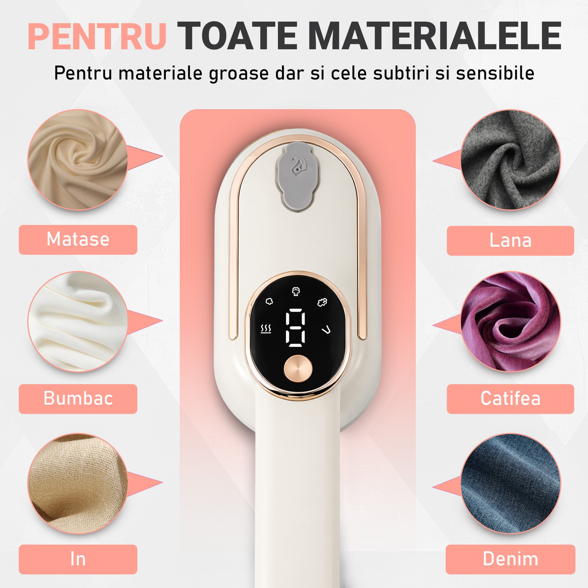 Fier de Calcat Vertical si Orizontal cu Abur Gavriet®, Pliabil si Portabil, 1200W, Rezervor 130 ml, Incalzire Rapida in 20s, 3 Puteri, 2 Moduri, Cablu 1.5m, Placa Ceramica, Suport Perete, Display LED, Statie de Calcat, Bej