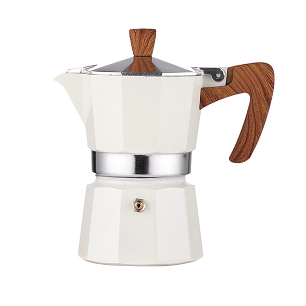 Cafetiera, 300ML, alb crem, cu maner din lemn